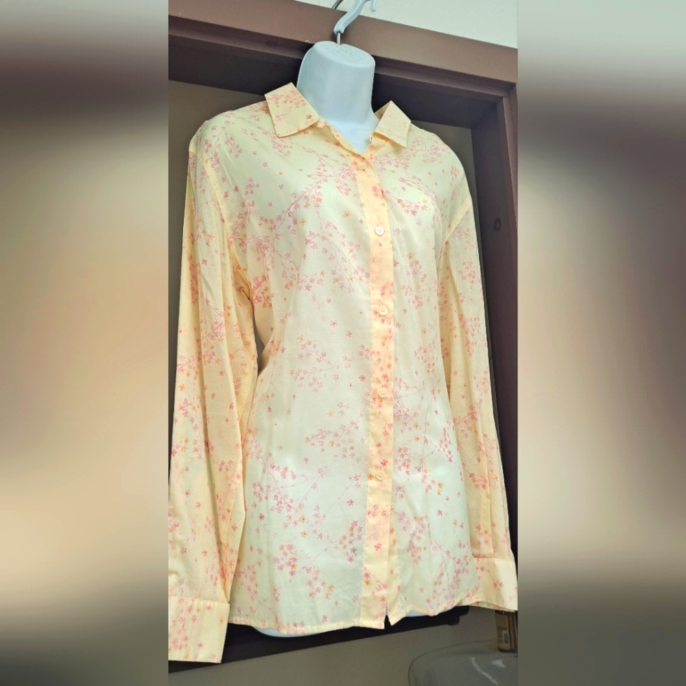 NWOT Liz Claiborne LIZSPORT Cotton Blouse Semi Sheer Floral Long Sleeve Shirt